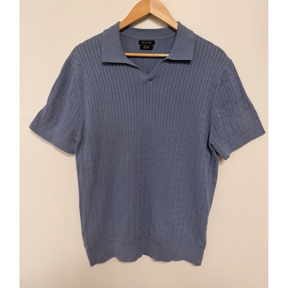 Massimo Dutti Men's L Blue Cable Knit Short Sleeve Polo Sweater Pullover